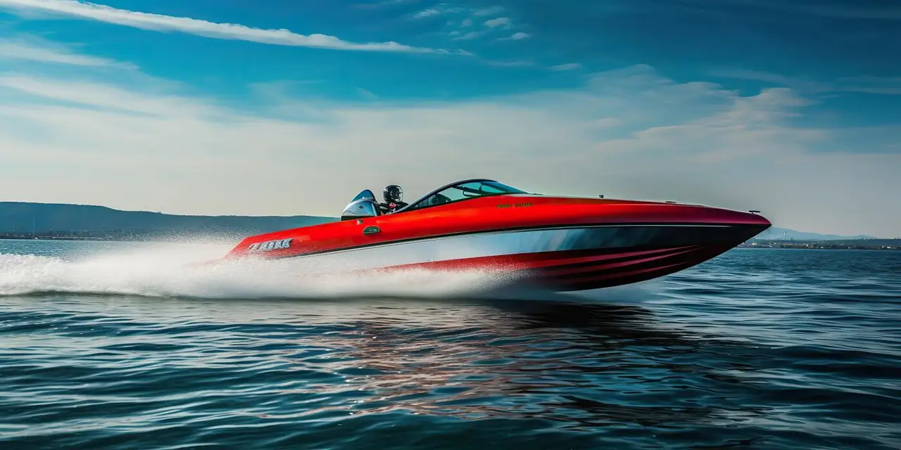 Red performance speedboat running across open water